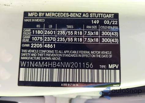 2022 Mercedes-Benz Glb 250 4Matic из США, поврежденный, VIN W1N4M4HB4NW201156